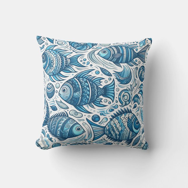 Blue Ocean Fish Pattern Cushion (Front)
