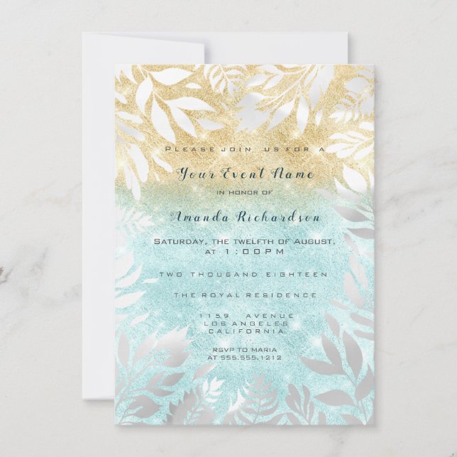 Blue Ocean Gold Glitter Ombre Floral Sparkly White Invitation (Front)