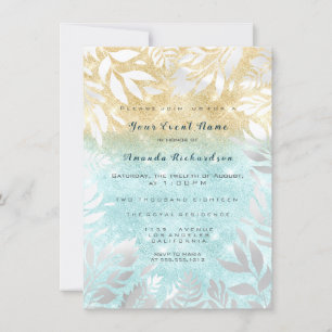 Blue Ocean Gold Glitter Ombre Floral Sparkly White Invitation