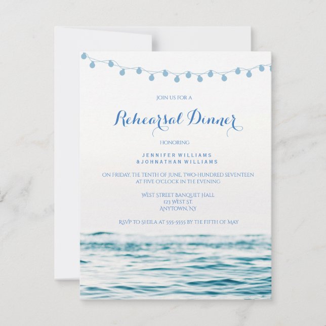 Blue ocean lights rehearsal dinner invitations (Front)