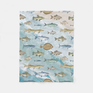 Blue Ocean Nautical Seascape Fishes Fleece Blanket