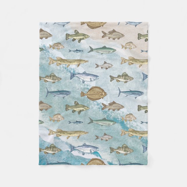 Blue Ocean Nautical Seascape Fishes Fleece Blanket (Front)