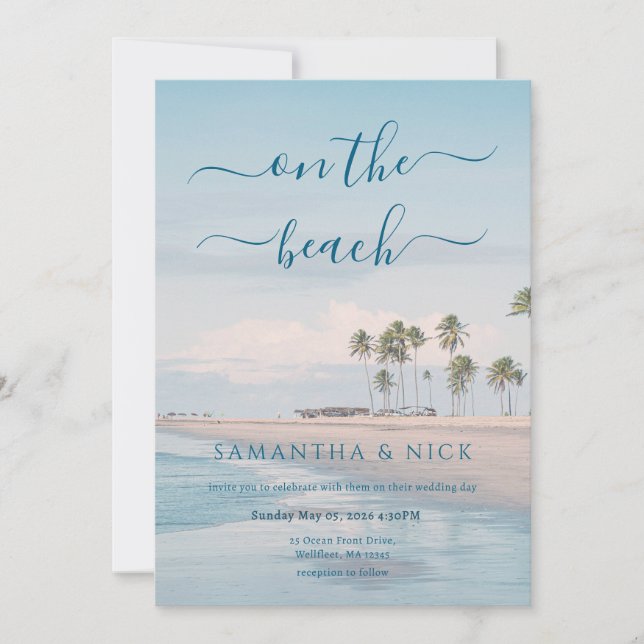 Blue Ocean Palm Tree Beach Wedding Invitation (Front)