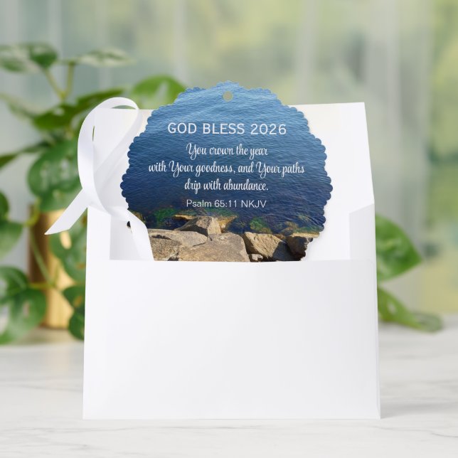 Blue Ocean Photo Blessed New Year 2026 Christian Tree Decoration Card (Envelope)