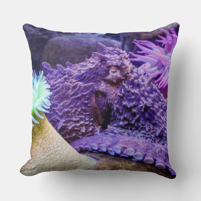 Blue ocean purple octopus coral throw pillow (Front)