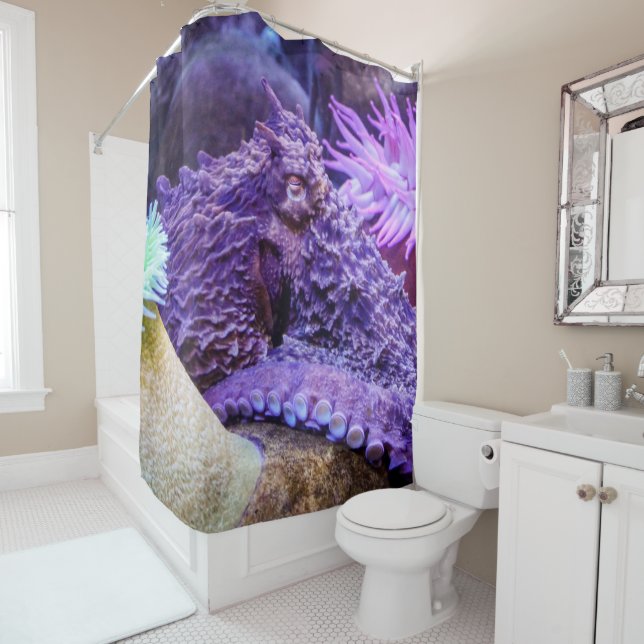 Blue ocean purple octopus shower curtain (In Situ)