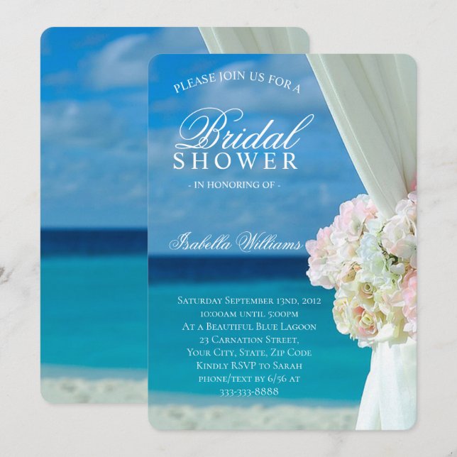 Blue Ocean & Sandy Beach Flowers Bridal Shower Invitation (Front/Back)
