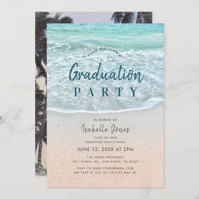 Blue Ocean & Sandy Beach Graduation Invitation (Front/Back)
