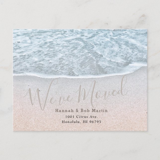 Blue Ocean & Sandy Beach Shoreline Moving Announcement Postcard (Front)