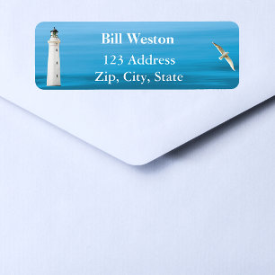 Blue ocean sea and lighthouse address return label