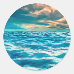 Blue Ocean Seascape Cloudy Sky Digital Painting Classic Round Sticker