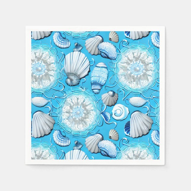 Blue Ocean Seashells Pattern  Napkin (Front)