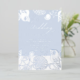 Blue Ocean Shells Real Foil Wedding Invitation