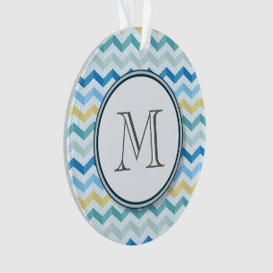 Blue Ocean Shore Chevron Stripes w/ Round Monogram Ornament