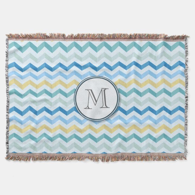 Blue Ocean Shore Chevron Stripes w/ Round Monogram Throw Blanket (Front)