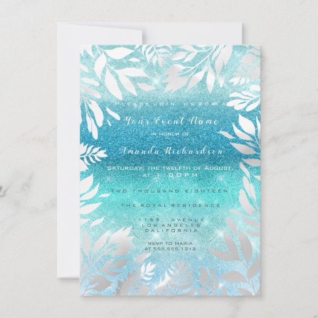Blue Ocean Sky Glitter Ombre Floral Foil Navy Invitation (Front)