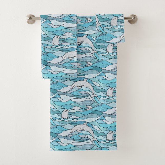 Blue Ocean Stained Glass Dolphins Bath Towel Set (Insitu)