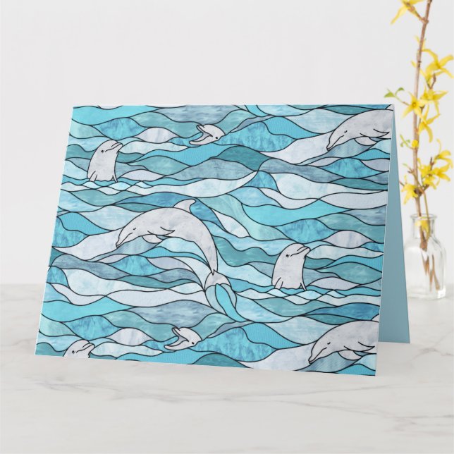 Blue Ocean Stained Glass Dolphins Card (Yellow Flower)