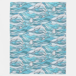 Blue Ocean Stained Glass Dolphins Fleece Blanket