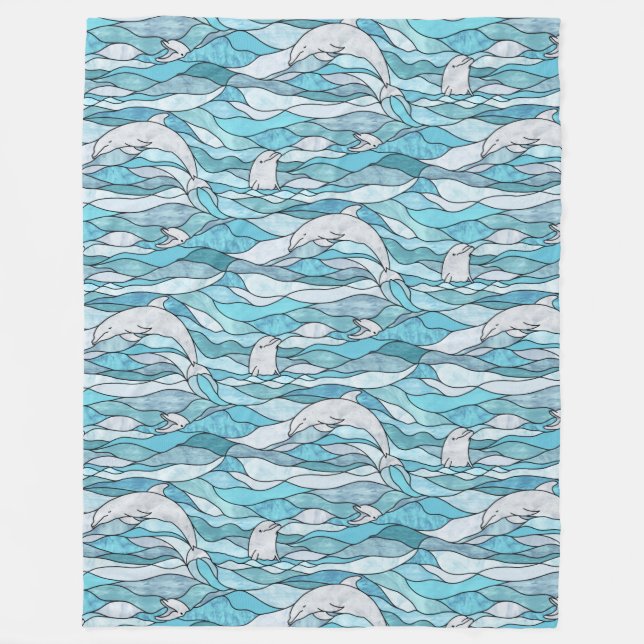 Blue Ocean Stained Glass Dolphins Fleece Blanket (Front)