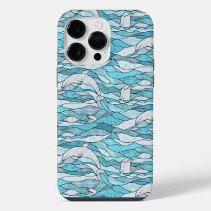 Blue Ocean Stained Glass Dolphins iPhone 14 Pro Max Case