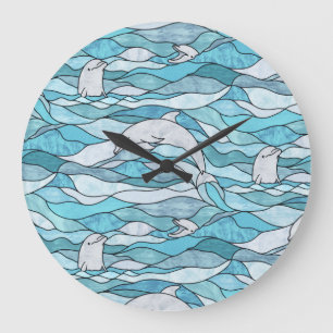Blue Ocean Stained Glass Dolphins Large Clock