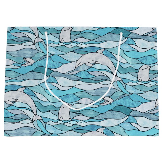 Blue Ocean Stained Glass Dolphins Large Gift Bag (Front)