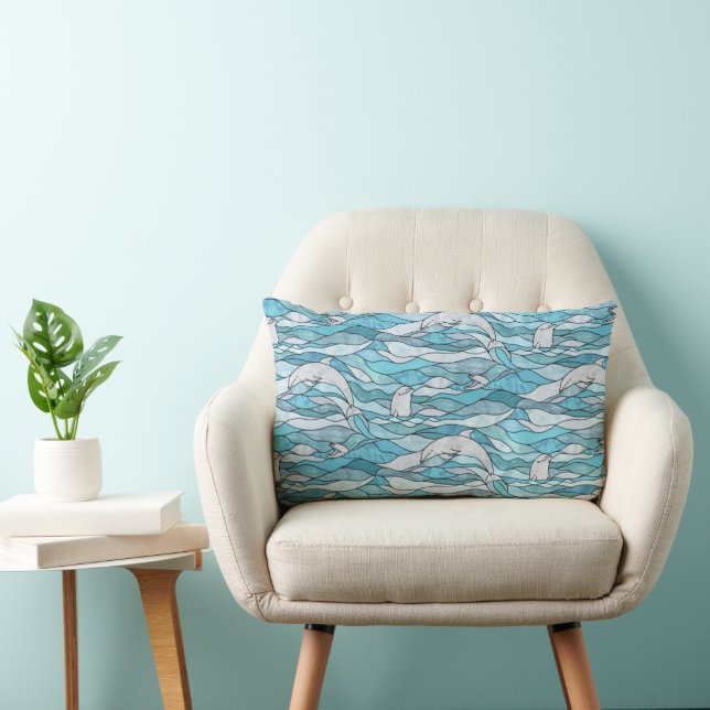 Blue Ocean Stained Glass Dolphins Lumbar Cushion (Chair)
