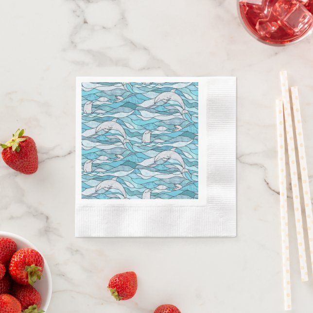 Blue Ocean Stained Glass Dolphins Napkin (Insitu)