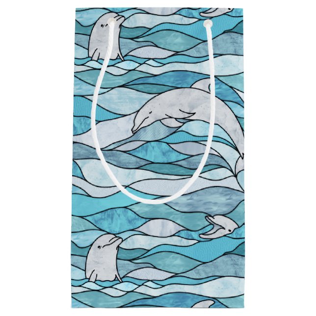 Blue Ocean Stained Glass Dolphins Small Gift Bag (Front)