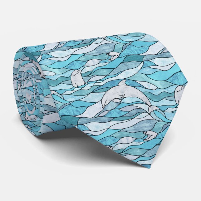 Blue Ocean Stained Glass Dolphins Tie (Rolled)