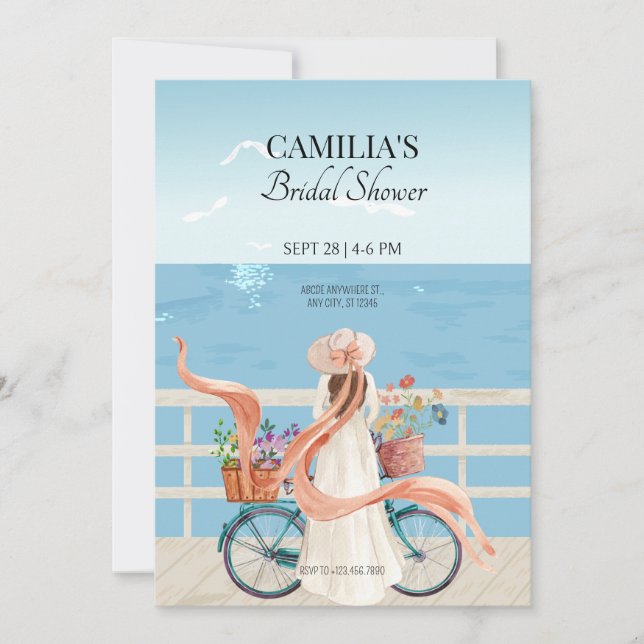 Blue Ocean summer girl with bicycle bridal shower Invitation (Front)