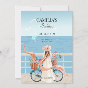 Blue Ocean summer girl with bicycle Invitation