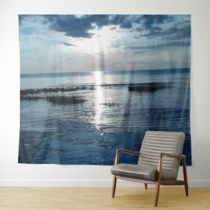 Blue Ocean Sunset Billowing Clouds Tapestry