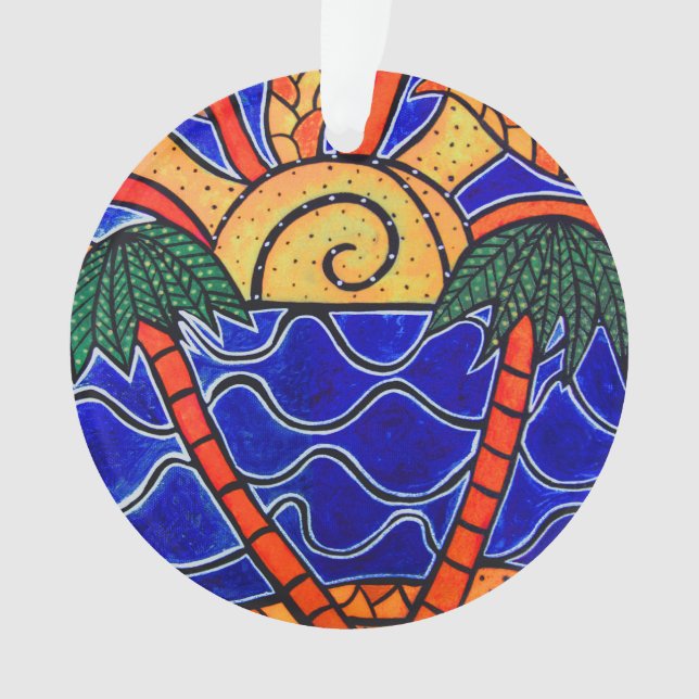 Blue Ocean Sunset Palm Trees Beach Waves Christmas Ornament (Front)