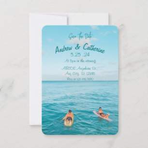 Blue ocean surfer modern wedding invitation