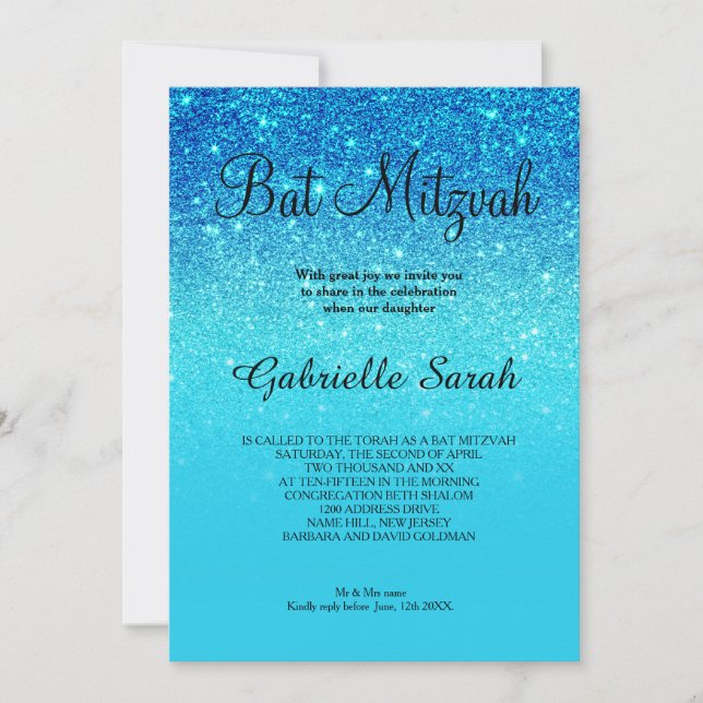 Blue ocean teal  glitter ombre elegant Bat Mitzvah Invitation (Front)