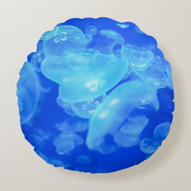 Blue ocean transparent jellyfish round pillow (Front)
