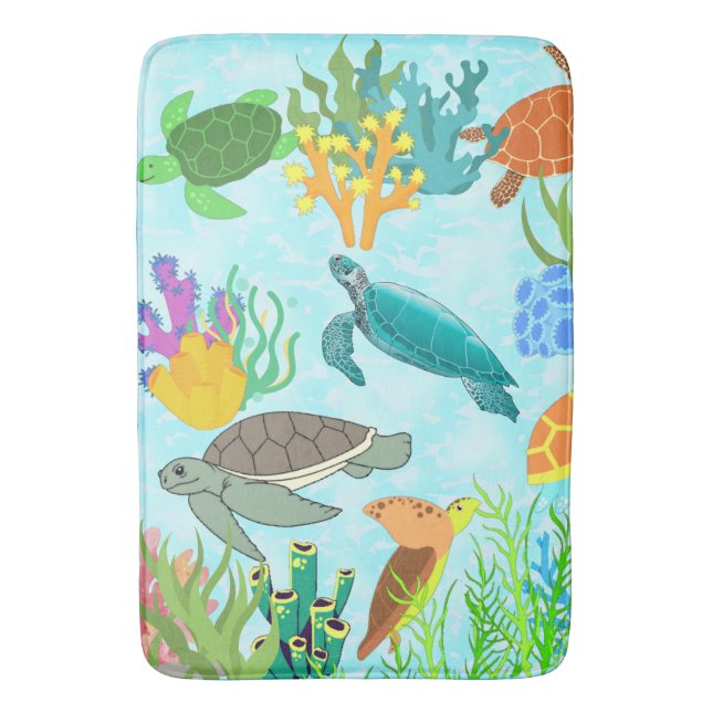 Blue Ocean Tropical Sea Turtles And Corals Bath Mat (Front Vertical)