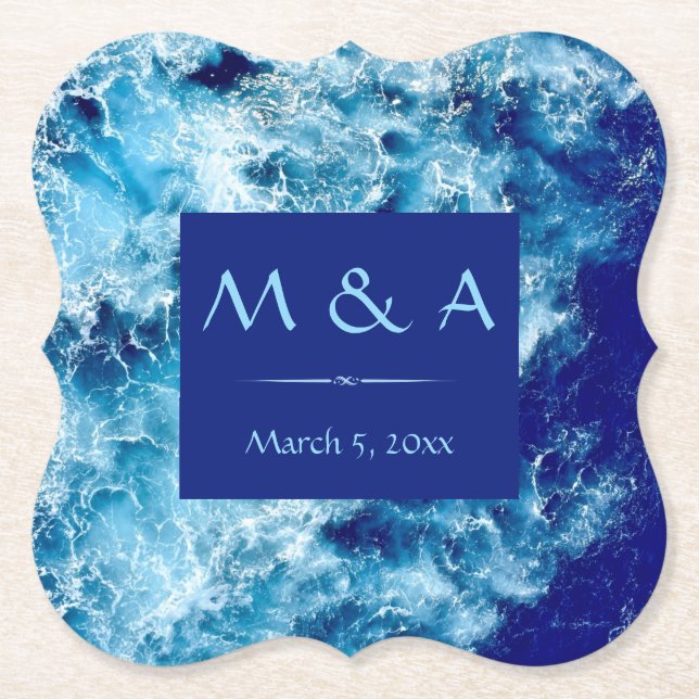 Blue Ocean Water Wedding Paper Coaster (Front)