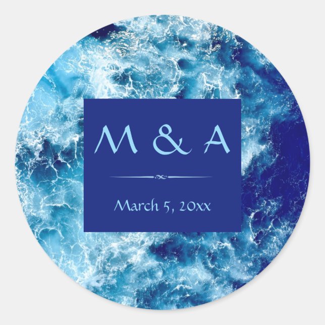 Blue Ocean Water Wedding Round Stickers  (Front)