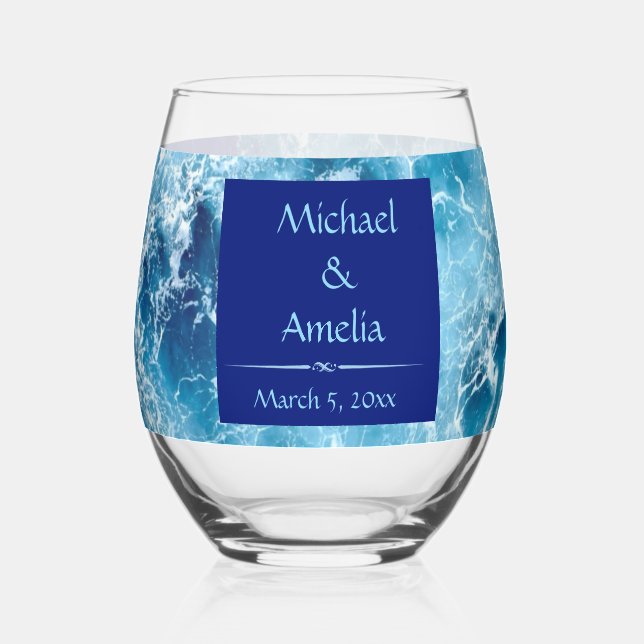 Blue Ocean Water Wedding Stemless Wine Glass (Front)