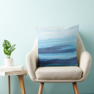 Blue Ocean Watercolor Abstract Sea Monogram Cushion