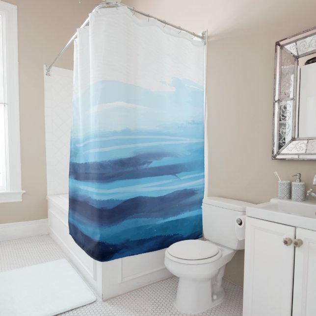 Blue Ocean Watercolor Abstract Sea Monogram Shower Curtain (In Situ)