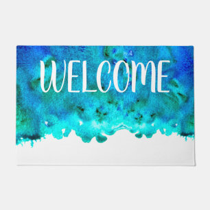 Blue ocean watercolor marble abstract doormat