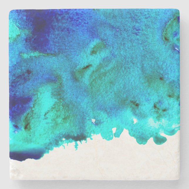 Blue ocean watercolor marble abstract stone coaster (Front)