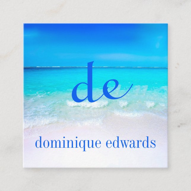 Blue Ocean Wave Beach Scene Modern Monogram Square Business Card (Front)