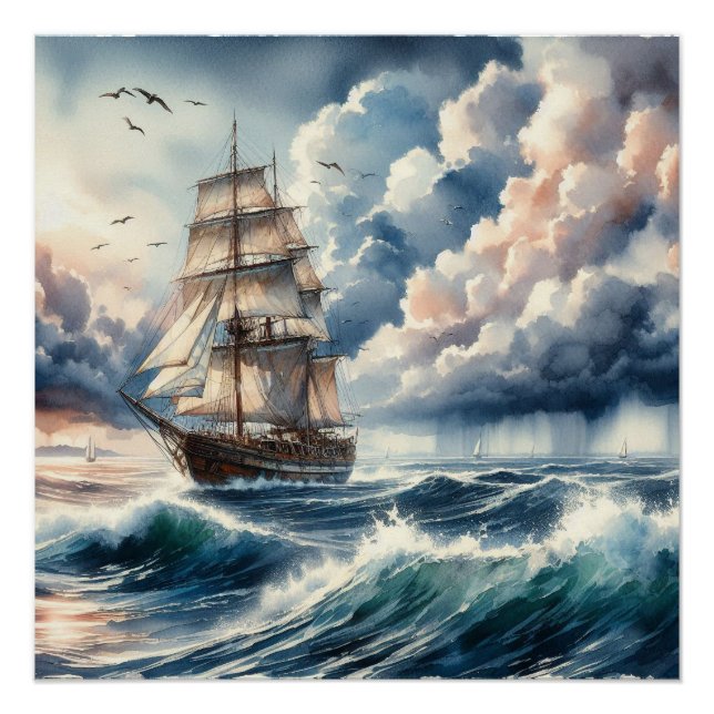 Blue Ocean Wave Boat Watercolor Poster (Front)