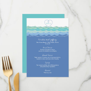Blue Ocean Wave Loopy Heart Monogram Beach Wedding Menu