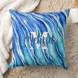 Blue Ocean Wave Monogrammed Cushion